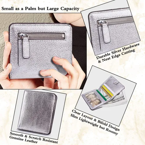 Vista 3 de BIG SALE-AINIMOER billetera de bolsillo pequeña con cremallera, plegable, compacta de cuero con bloqueo por identificación por radiofrecuencia