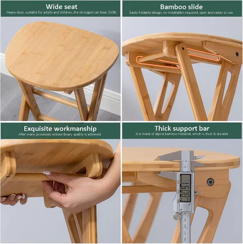 Vista 6 de Taburete de bar plegable de bambú, taburete plegable portátil, taburete de altura de mostrador de cocina, silla de bar plegable con reposapiés