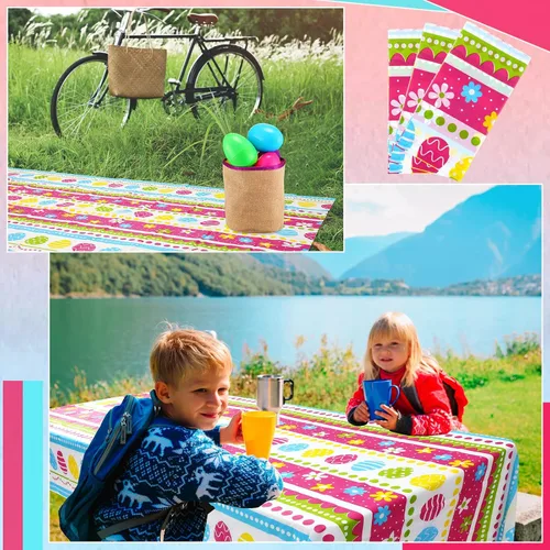 Vista 4 de Oudain 6 manteles de fiesta de Pascua a granel, cubierta de mesa de huevos de Pascua de plástico desechable, mantel de conejo colorido