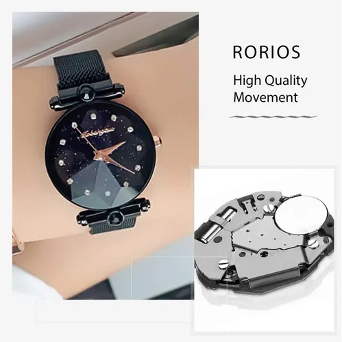 Vista 4 de RORIOS Relojes de pulsera de diamantes simulados de cuarzo analógico con esfera de cielo estrellado