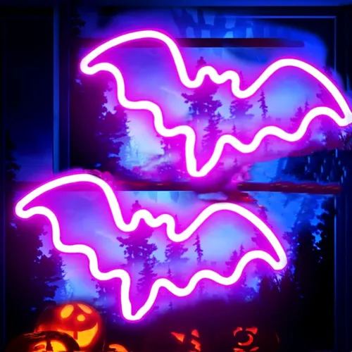 Vista 9 de Letreros de neón de murciélago para dormitorio, mesita de noche, decoración de pared, decoración de Halloween, luces LED de noche, adornos de mesa