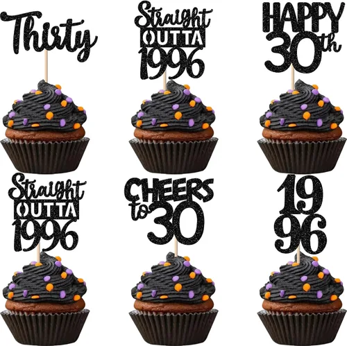 Vista 39 de 30 piezas negras para cupcakes de 10.º cumpleaños con purpurina Ten Happy 10 Straight Outta 2016 para saludos a 10 años 10 cumpleaños, boda Negro