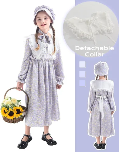 Vista 3 de NSPSTT Disfraz de pionera para niña, vestidos de pradera para niñas, vestido colonial floral para niña de los años 1800