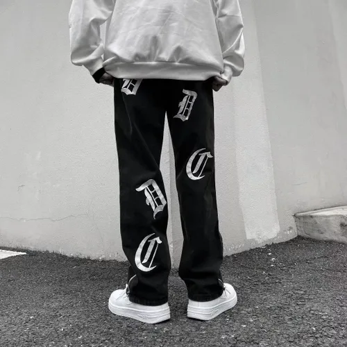 Vista 2 de Pantalones de mezclilla de pierna recta bordados con letras para hombre, sueltos, retro, casuales, de pierna ancha, pantalones de calle para hombre
