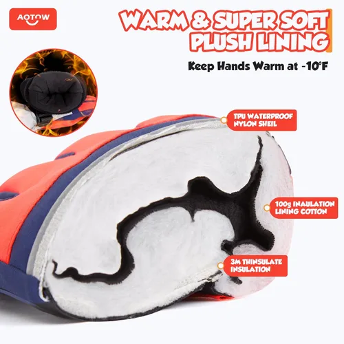 Vista 3 de AOTOW Guantes de nieve de invierno para niños Guantes de esquí deportivos para niños y niñas, resistentes al agua, resistentes al viento, clima
