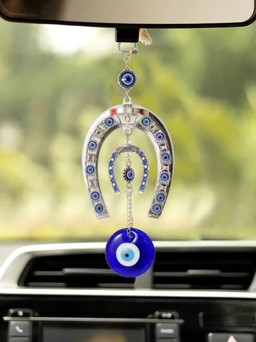 Vista 3 de Zapato de caballo azul mal de ojo colgante para el hogar, entrada, puerta, coche, oficina, Feng Shui, Nazar Battu, adorno colgante de buena suerte