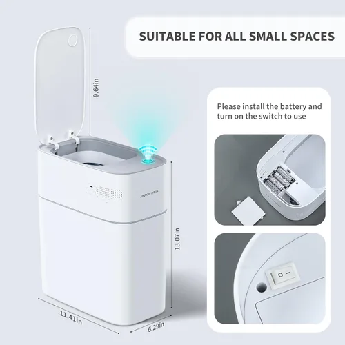 Vista 5 de JOYBOS Botes de basura pequeños para baño con tapas, cubo de basura automático de plástico blanco delgado de 3.8 galones, bote de basura estrecho