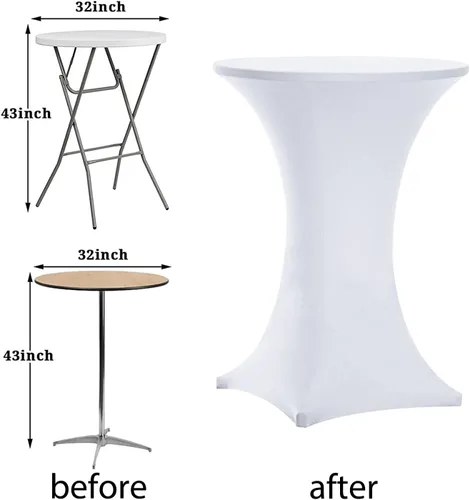 Vista 5 de Tina's Paquete de 2 fundas para mesa de cóctel de elastano Highboy de 32 x 43 pulgadas, color blanco, mantel elástico ajustable para mesas redondas