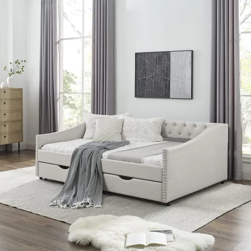 Vista 3 de Sofá cama tapizado de tamaño matrimonial con 2 cajones de almacenamiento, sofá cama con botones y brazos para uñas, color beige Completamente beige