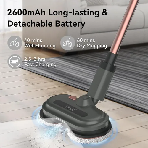Vista 2 de Trapeador eléctrico inalámbrico, limpiador de piso eléctrico con rociador de agua y faros LED, hasta 60 minutos de duración, potente trapeador