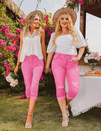 Vista 4 de luvamia Pantalones capri para mujer, elásticos, de cintura alta, desgastados, rasgados, ajustados, recortados