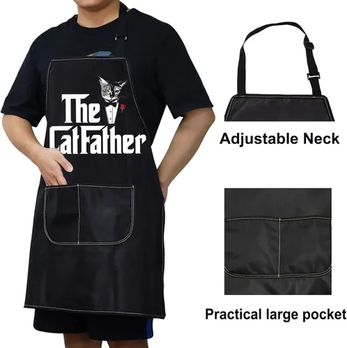 Vista 4 de WZMPA Divertido delantal de cocina Catfather con bolsillos, regalo para papá y gato, delantal ajustable para cocinar, hornear, asar a la parrilla