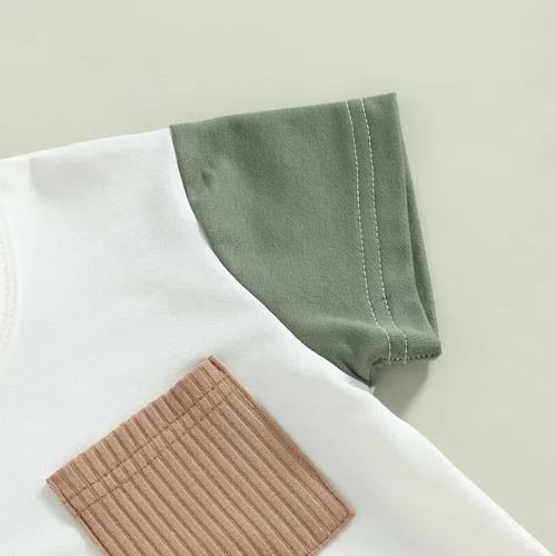 Vista 5 de Ynibbim Conjunto de 2 piezas de ropa de verano para niños pequeños con estampado de letras y pantalones cortos elásticos