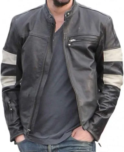 Vista 3 de Keanu Reeves Retro Black Motorcycle Leather Biker Jacket Men - Vintage Cafe Racer Jacket