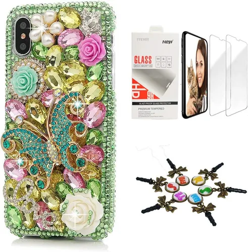 Vista 12 de Sparkle Funda compatible con iPhone 12, elegante funda 3D hecha a mano con diseño de mariposa, rosas, diamantes de imitación y purpurina