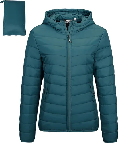 Vista 29 de Outdoor Ventures Chaqueta Puffer Ligera Empacable para Mujer con Cremallera Completa y Capucha, Abrigo de Invierno Acolchado Verde militar