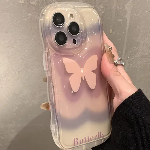 Vista 4 de Funda para teléfono 3D con gradiente rosa transparente de Corea con soporte de mariposa para iPhone 12 Pro Max