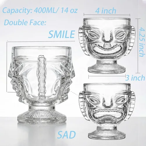 Vista 2 de TOPZEA Paquete de 4 vasos Tiki de 14 onzas, juego de tazas Tiki transparentes modernas, vasos de cóctel de bar, tazas hawaianas para fiesta Luau