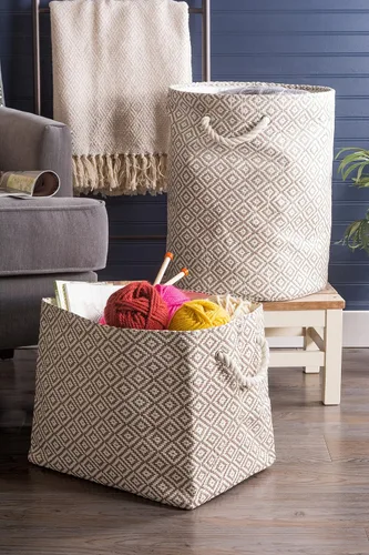 Vista 6 de DII Contenedor de almacenamiento de papel tejido, tejido de canasta de diamante, gris/blanco, grande