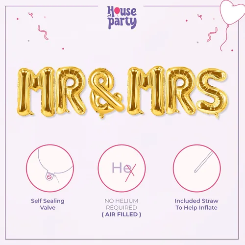 Vista 3 de HOUSE OF PARTY Mr & Mrs Balloons - Letras doradas de 16 pulgadas, papel de aluminio y Mylar para novia, despedida de soltera y fiestas de compromiso