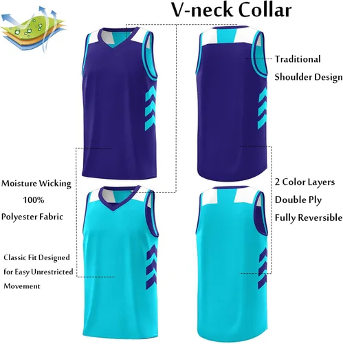 Vista 3 de KXK Camiseta de baloncesto reversible para hombre, sin mangas, uniforme de equipo Aguamarina y índigo profundo