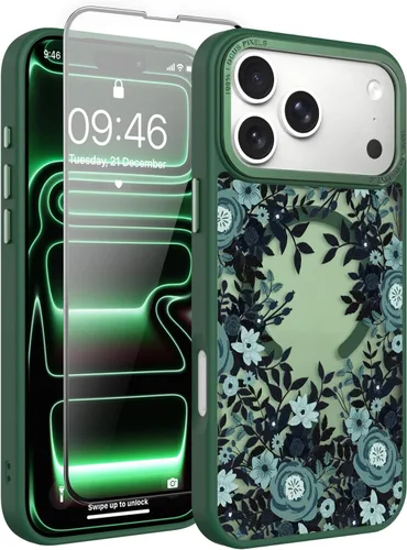 Vista 114 de Magnético para iPhone 13 con protector de pantalla [Compatible con MagSafe] Diseño de patrón floral de flores bonitas, funda delgada a prueba