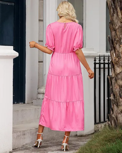 Vista 3 de GRAPENT Vestido de mezclilla para mujer, de verano, casual, manga abombada, por debajo de la rodilla, escalonado, acampanado, cintura elástica