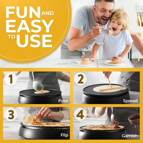Vista 5 de G&M Kitchen Essentials máquina profesional para hacer crepés: superficie antiadherente de 12 pulgadas, dial para ajustar la temperatura, espátula