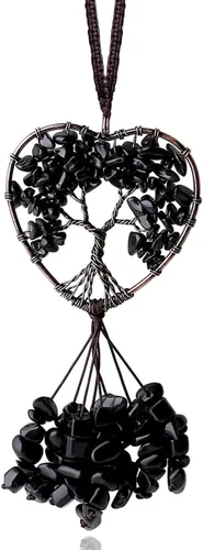 Vista 9 de MAIBAOTA Adorno colgante de cristal redondo negro obsidiana decoración árbol de la vida espiritual habitación decoración de pared lindo coche espejo