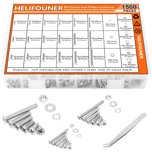 Vista 11 de HELIFOUNER 1500 piezas M2 M3 M4, cabeza de botón de acero inoxidable 304, tornillos métricos, pernos, arandelas, tuercas, kit surtido de accesorios