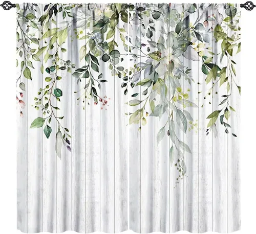 Vista 10 de Cortinas de cocina con hojas de acuarela, diseño de girasol, floral, plantas campestres, primavera, naturaleza, arte, impreso, tela para el hogar