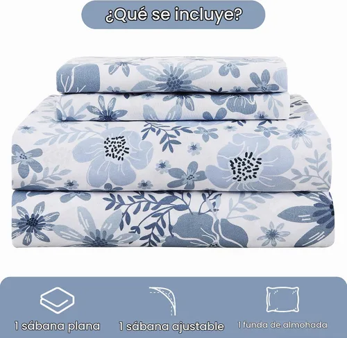 Vista 2 de Mooreeke Juego de sábanas de tamaño individual, 3 piezas, de microfibra suave y transpirable, patrón floral azul y blanco, bajera que no se sale