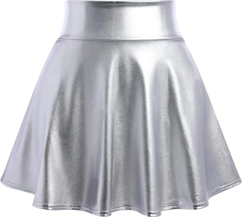 Vista 4 de IMEKIS Disfraz de extraterrestre metálico brillante para mujer, minifalda holográfica + diadema marciana, disfraz de rave para Halloween, cosplay