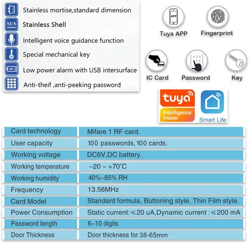 Vista 3 de WiFi Fingerprint Door Lock Stainless Steel Support Tuya APP Code/Smart Card Black X6 (Color : 40)