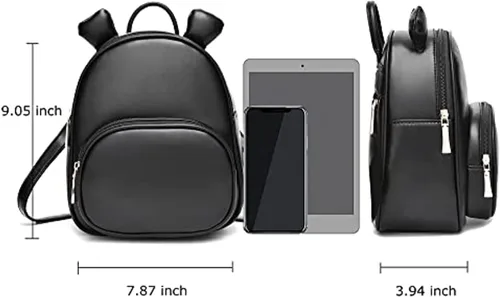 Vista 3 de Bonita mochila para adolescentes, niñas, mujeres, tamaño pequeño, bolso de hombro de piel sintética, casual, mini mochilas bolsa de viaje, Negro