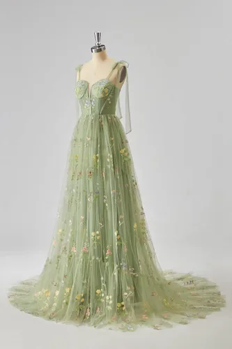 Vista 3 de Vestidos de fiesta de manga hinchada, tul bordado de flores, sin espalda, acampanado, vestido de fiesta formal de noche para mujer