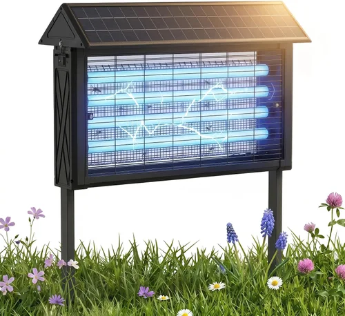 Vista 11 de Exterminador solar de insectos 2026 al aire libre Impermeable: 4500 V Mosquito Zapper con panel solar de 14 W, Asesino de mosquitos de Negro