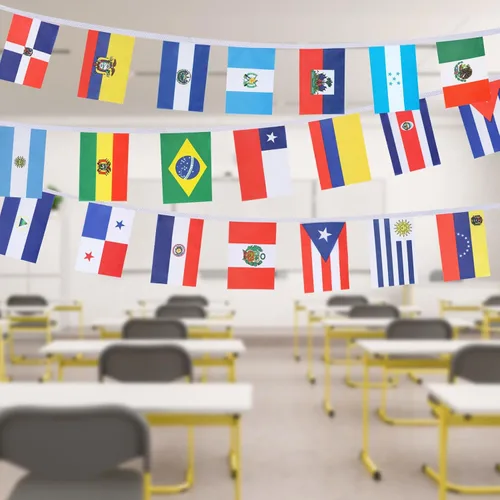 Vista 9 de Banderas de cuerda de América Latina de 21 países, decoraciones del mes de la herencia hispana, pancartas surtidas de bandera latina de 25 pies