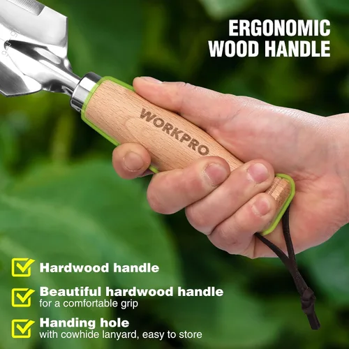 Vista 3 de WORKPRO Paleta de jardín con mango de madera, pala de mano estrecha de acero inoxidable, paleta de jardín plana multiusos para plantar, deshierbar