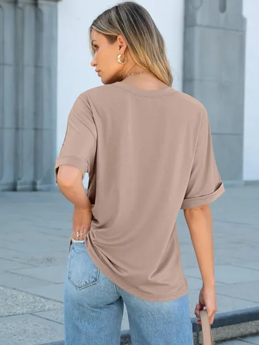 Vista 4 de ANRABESS - Camiseta de manga corta para mujer, estilo oversized, casual, suelta, básica, para verano, con bolsillo Caqui