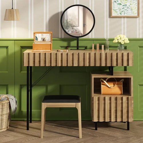Vista 3 de Escritorio de madera con espejo, juego de tocador de maquillaje con cajón, tocador de tocador, juego de escritorio de maquillaje con espacio