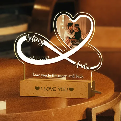 Vista 5 de Placa de acrílico con foto personalizada, regalos para aniversario, San Valentín, cumpleaños, luz nocturna LED personalizable, base de madera