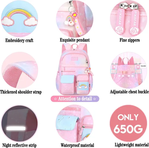 Vista 5 de Mochila para niñas con diseño de arco iris estrellado, mochila de gran capacidad, multifunción, a la moda, casual, bolsa de viaje para computadora