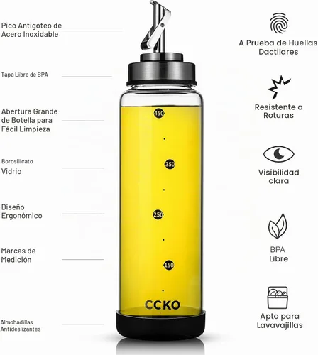 Vista 7 de CCKO Botella dispensadora de aceite de oliva de vidrio con boquillas de acero inoxidable, botella de aceite de oliva de vidrio inastillable, botella