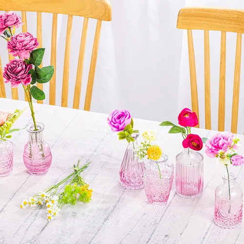 Vista 5 de Juego de 24 jarrones pequeños de cristal rosa para centros de mesa de fiesta Flaco, Floral, Boda, Jardín, Decoraciones de Mesa, Entradas, Hogar