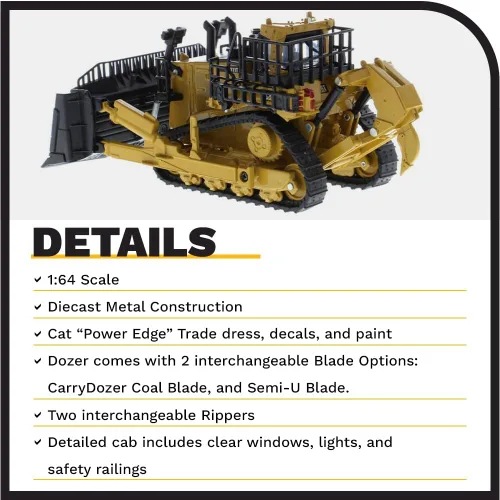Vista 5 de Diecast Masters Bulldozer Caterpillar D11 a escala 1:64 con 2 cuchillas y desgarradores traseros Modelo 85637 Play & Collect Series Cat