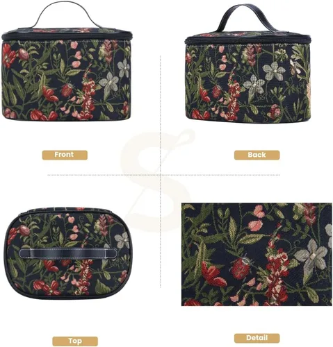 Vista 2 de Signare Neceser de tapicería, bolsa organizadora de maquillaje para mujer, diseño de jardín matutino, color negro (TOIL-MGDBK), Negro