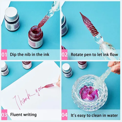 Vista 5 de Juego de plumas de inmersión de vidrio, pluma de caligrafía, pluma de firma de cristal para arte, escritura, firmas, decoración y regalo de negocios