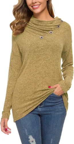 Vista 5 de WEACZZY Blusa túnica de manga larga con botones, cuello drapeado, informal, holgada para mujer.