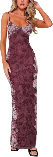 Vista 5 de Vestido ajustado con corte floral para mujer, con encaje de retazos, tirantes delgados, espalda descubierta, vestido de cóctel sexy para fiesta